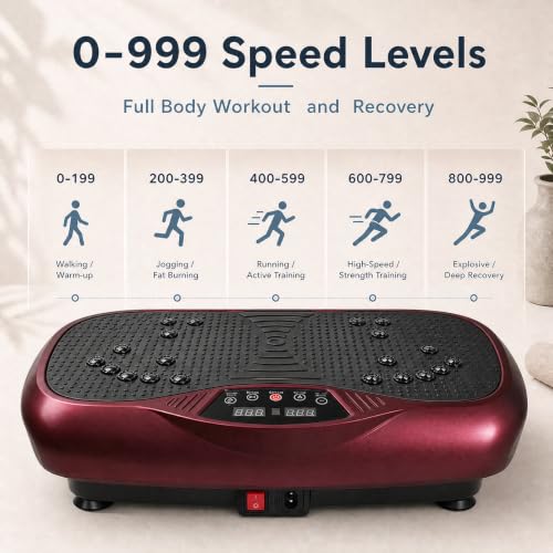 Natini Vibration Plate Exercise Machine, 990 Speed Levels Whole Body Vibrating Plate for Lymphatic Drainage, Home Workout Equipment with Resistance Bands, Remote, 330 lbs Capacity for Home Gym - color: Red