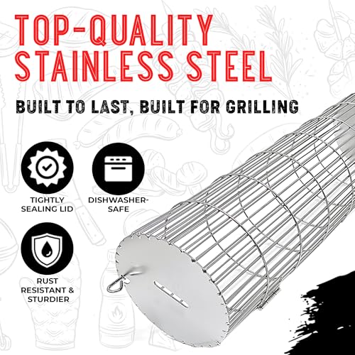 Rolling Grill Basket, Removable Wooden Handle, Extra Sturdy Cylinder Grilling Basket, Food Grade Stainless Steel, Portable Outdoor Camping accessories BBQ Net Rack, Cooking Griller for Fish, Vegetables, and More - Gifts for Men Dad Husband - Set of 2
