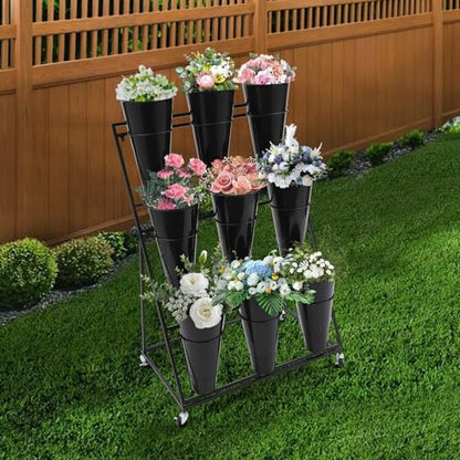 Flower Display Stand with 9 Buckets, 3 Layers, Indoor/Outdoor Flower Shelf for Patio, Living Room, Florist, Black - style: 3 Layers 9 Buckets Black