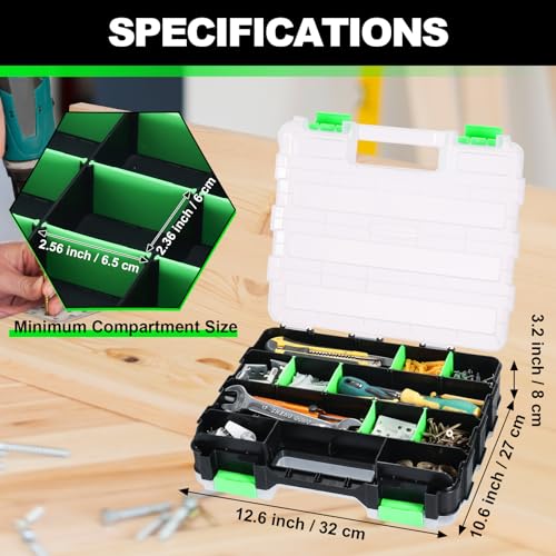 Tool Box with Transparent Lid, 2 Pack Hardware Organizer Box, Double Side 34 Compartments Hardware Organizers with Removable Plastic Dividers for Screws Nuts Nails Bolts, Small Parts Box