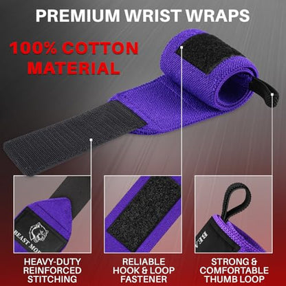Elastic Cotton Weightlifting Wrist Wraps with Thumb Loops, 1 Pair - color: Purple, style: 18" – Beast Mode