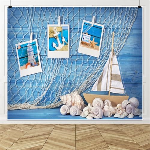 Blue Wooden Wall Nautical Backdrop Photography Sailing Adventure Rudder Seashell Sailing Wheel Helm Fishing Net Starfish Photo Backdrop Summer Nautical Party Baby Shower Birthday Background Decoration