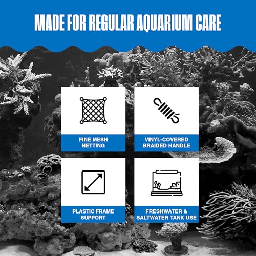 Penn-Plax Quick-Net Aquarium Fish Net - Fine Mesh, Vinyl-Covered Braided Handle - Small Aquarium Cleaning Tool for Gentle Fish Handling - Use in Freshwater & Saltwater Tanks - color: Blue, size: 8" Net - 16" Handle