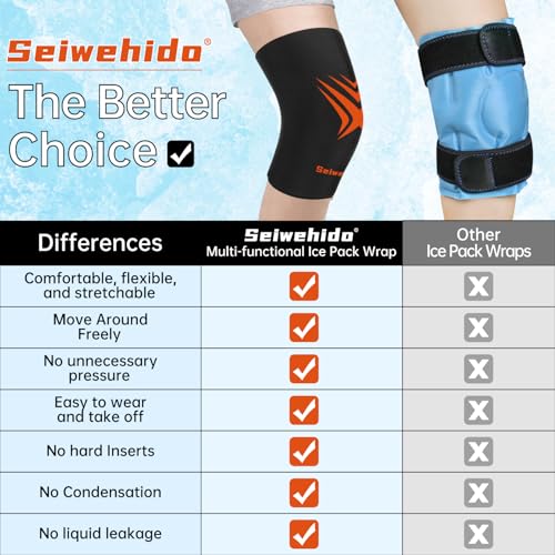 Extended Leg Knee Ice Pack Wrap Sleeve for Knees Injuries Reusable 2 Pack - color: Black-2pack