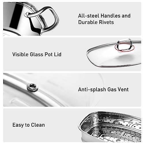 2-Tier Stainless Steel Fish Steamer - Multi-Use Square Steaming Cookware with Rack, Ceramic Plate, Chuck, Oven Mitts - Stockpot for Steaming Fish, Boiling Soup