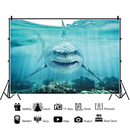 Haoyiyi 12x8ft Underwater Shark Backdrop Deep Under Sea Seabed World Great White Shark Aquarium Photography Background Baby Boy Birthday Celebration Theme Party Kid Diver Portrait Photo Studio Props