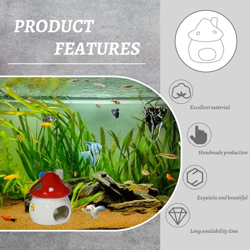 AnRui Aquarium Decoration Ceramic Fish Tank Hideout Cave Cute Mushroom Aquarium Décor Thematic Ornaments for Cichlid, Small Fish, Shrimp to Play Hide Breed Habitat, Red