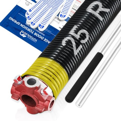Right Hand Wind（Red Cone）2" Garage Door Torsion Spring with Non-Slip Winding Bars & Gloves, High Precision Electrophoresis Black Coated, for Replacement, MIN 16,000 Cycles (0.207x2''x25'') - size: 0.207X2"X25"-R