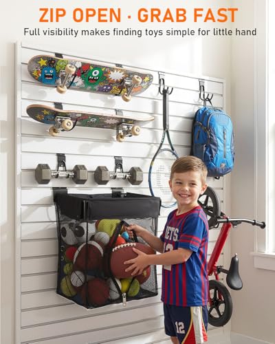 ZORUNNA 10Pcs Slatwall Basket, 16x15x11 Mesh Slat Wall Basket with Zipper | 6 Pcs Heavy Duty Hook Slatwall Accessories, Easy to Install Garage Shop Gym Toy Display Storage - size: 16x15x11'+ 2*Metal Basket