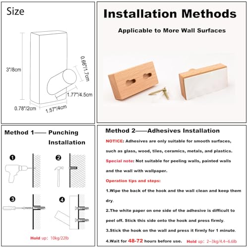 HomeDo Adhesive Wood Wall Hooks, Decorative Coat Hooks Hat Rack, Beech 4P - color: Rectangle-Beech