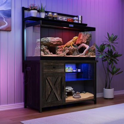 Reptile Tank Stand with Power Outlet, Terrarium Stand with Storage Cabinet, 49" X 20" Tabletop, Aquarium Stand with LED Lights, Reptile Terrarium,Turtle Tank (Oak) - color: Oak
