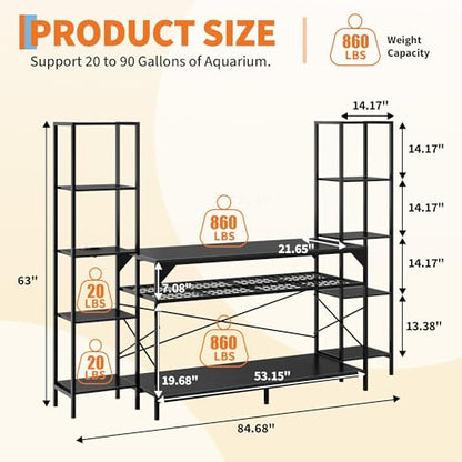 Heavy-Duty Aquarium Stand for 20-90 Gallon Tanks - 4-Tier Cabinet with 12-Leg Support, Built-In Power Outlet, Adjustable Storage - Living Room Reptile Terrarium Furniture - Supports 860lbs