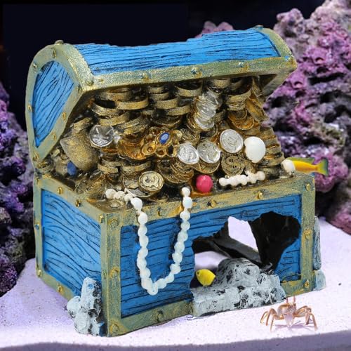 5.1 Inch Blue Resin Treasure Chest Landscape Hideaway Treasure Box Decorative Chest Fish Tank Aquarium Ornament