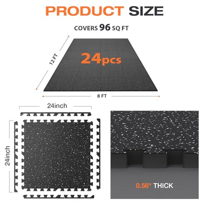 0.56'' Thick 24 Pcs 96 Sq Ft Non-Slip Rubber Top Exercise Equipment Mats, High Density EVA Foam Mats with Rubber Top, Interlocking Puzzle Gym Flooring for Home Gym, Workout Floor Mats, Black - size: 24" L x 24" W x 0.56" Thick