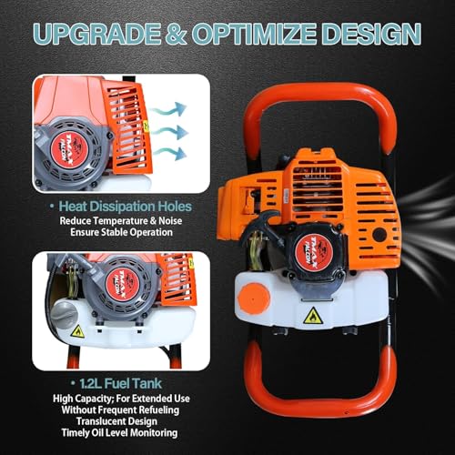 62cc Post Hole Digger, Gas Powered Post Hole Digger, Earth Auger Digger with 3 Drill Bit 3" & 5" & 8" and 3 Extension Rods 24" 24" 24" for Planting Fence Farmland Garden & Plant, 1400W - size: 62cc