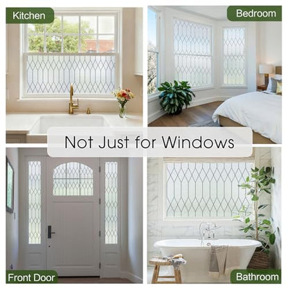 Window Privacy Film Stained Glass Static Clings, Bathroom Frosted Leaded Decorative Window Stickers, UV Heat Blocking Opaque Removable for Home Door Coverings (17.5 x 78.8in,Pure)