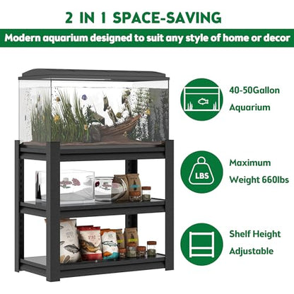 3-Tier Metal Storage Rack, 40-50 Gallon Fish Tank Stand Heavy Duty, Reptile Rack for Office, Industrial Shelf Unit, Easy Assembly 31.5 "L x 18 "W x 34" H Black Metal Shelving Pet Supplies Organizer