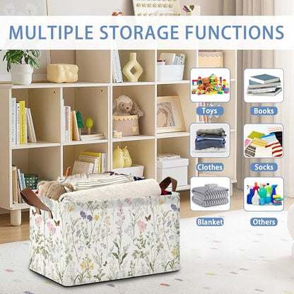 Wildflowers Butterfly Storage Baskets,Plants Botanical Foldable Large Capacity Organizer Bins with Waterproof Lining and Leather Handles for Closet,Shelf,Bedroom 17x11.5x10Inch - color: Wildflowers Butterfly Plants Botanical