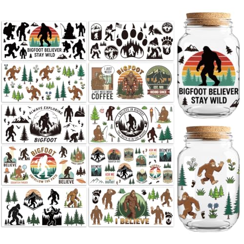 UV DTF Cup Wraps Transfer Stickers Bigfoot in Forest Pattern, 10 Sheets Waterproof Custom Vinyl Transfer Sticker 16oz Coffee Glass Cup Tumbler Bottle Mug Decals for Men Women - style: Bigfoot in Forest