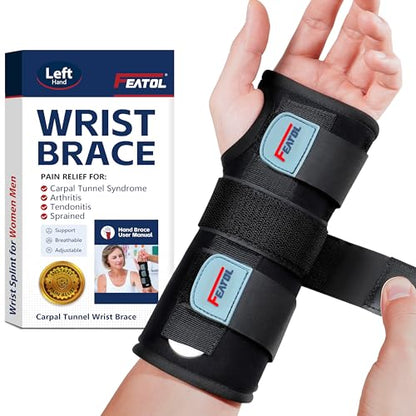 FEATOL Carpal Tunnel Wrist Brace Night Support, Adjustable Left Hand Brace - size: Medium/Large (Pack of 1), style: Left Hand -Black