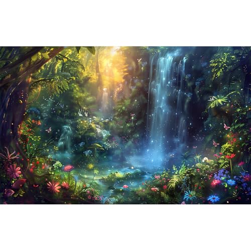 Fantasy Forest Landscape Aquarium Background Waterfall Jungle Rainforest Fish Tank Background Tropical Flowers Plants Reptile Tank Backgrounds Colourful Flower Mushroom Enclosure Backgrounds 24x12in - color: Blue Green, size: 24(W)x12(H)inches/ 60(W)*30cm
