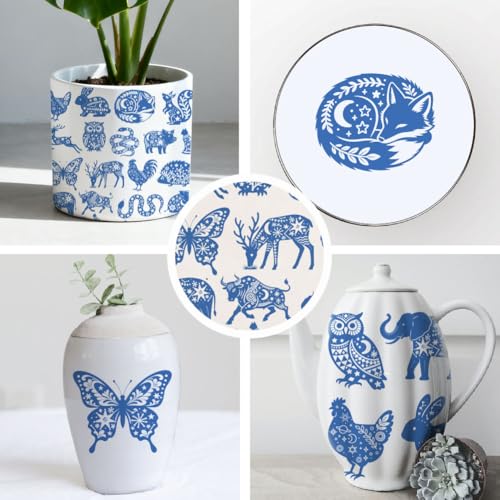 SUPERDANT 5 Pcs Blue Jungle Animal Ceramic Transfer Paper Underglaze Water Decal Ceramic Decal Paper Pottery Transfer Sheet for Plate Cup Vase Decoration Blue - style: Jungle Animals