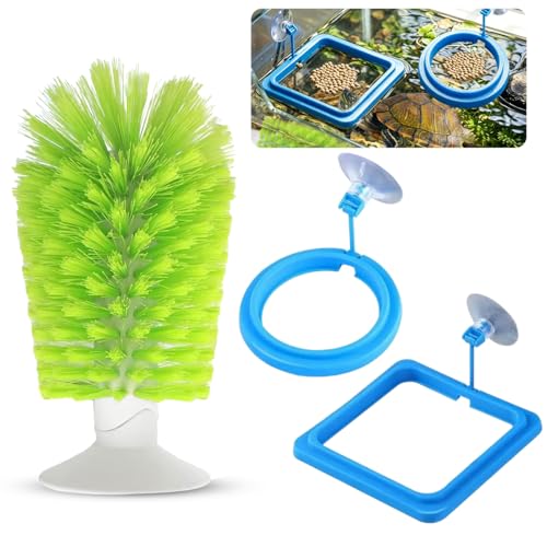 3 Pcs Aquatic Turtle Tank Accessories, Turtle Feeding Ring with Suction Cup and Brush, Toys for Tortoise Aquarium Enrichment Habitat