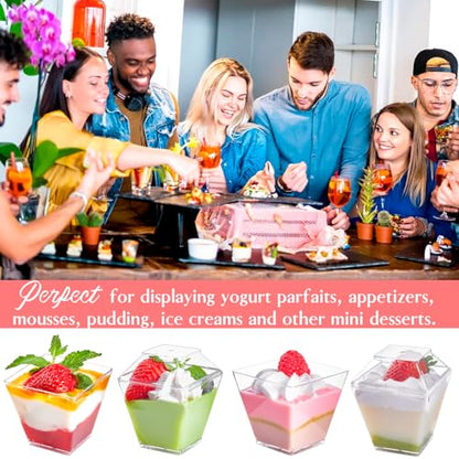 50 Pack 3.5 oz Mini Dessert Cups with Lids and Spoons - Parfait Cups with Lids Plastic Square Shooter Cups for Party Appetizers Pudding Mousse Triffle