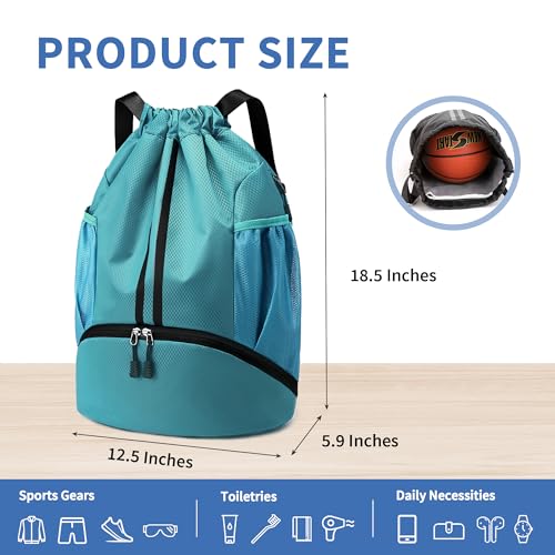 JELUTAR Drawstring Backpack Gym Bag with Shoes Compartment, Teal - color: Teal, size: Large