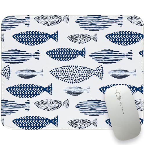 Navy Blue Fish Mouse Pad for Desk,Cute Coastal Desk Mat Gaming Mouse Mat for Home Office,Boho Blue and White Mouse Pad for Women Girls 8.25x10In - color: Navy Blue Fish