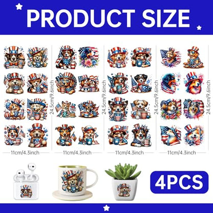 4 PCS 4th of July Dog UV DTF Cup Wrap, Rub on Transfer Stickers for 16oz Glass Mugs, High Viscosity Permanent UV DTF Sticker, Coffee Cups, Water Bottles and Personalized Crafts - style: 4th of July Dog