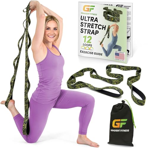 Stretching Strap for Physical Therapy, 12 Multi-Loop Stretch Strap 1.5" W x 8' L, Neoprene Handles, Physical Therapy Equipment, Yoga Straps for Stretching, Leg Stretcher. - color: Camo