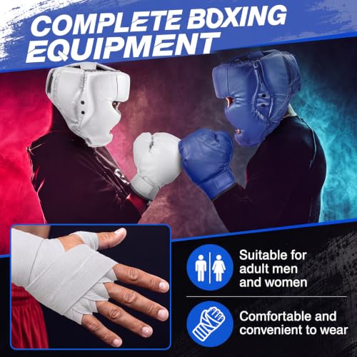 Kanayu 14 Pcs Boxing Gloves and Headgear Set for Beginners Youth 16 Ounce Boxing Gloves Headgear Helmet Hand Wraps Mouth Guards Equipment for Beginners Training Equipment Gifts - color: Blue, White