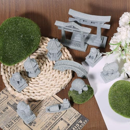 11Pcs Mini Zen Garden Accessories Miniature Fairy Garden Decoration Set Bridge Torii Gate Foo Dogs Sandstone Sculptures Statues for Fish Tank Patio Micro Terrarium Bonsai