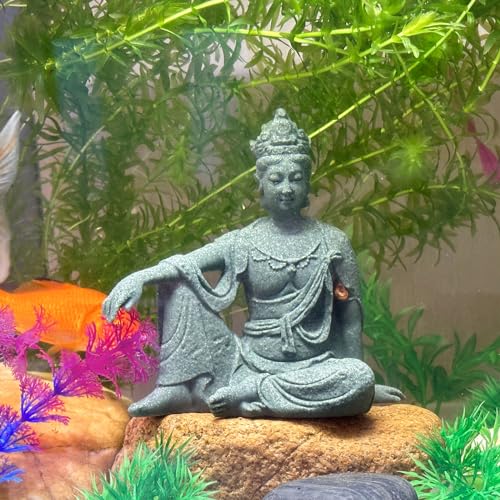 Fish Tank Buddha Statue Ornament,Zen Garden Aquarium Decor Kit with Artificial Plants,Meditating Statues for Underwater Landscaping,Sandstone-4.5" H