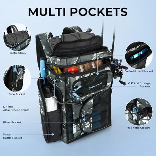 Calamus GearMaster Tackle Backpack with Bait Binder, Large Lightweight Water-Resistant Fishing Bag, Rod Holders, Food Storage - color: Black Camo With (4) 3600 Tackle Boxes
