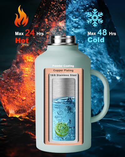 Topre Half Gallon Water Bottle with Handle and Carry Pouch,64 oz Stainless Steel Insulated Jug Flask with Straw Lid Spout Lid,Reusable Metal Water Bottle Mug Tumbler Cup,Keep Cold & Hot,Green - color: Green with Handle, size: 64 Ounces