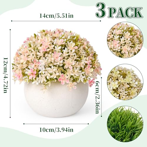 Fake Plants-3-Pack Mini Artificial Pulp Pot Decor, 2 Lilac Flower Balls & 1 Grass, No Maintenance for Desk Bathroom Home Office Shelf