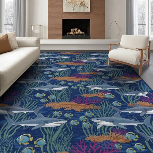 8'x10' Washable Modern Shark Large Rug, Orange Non-Shedding Pet Friendly Carpet Foldable Easy Care Mat for King Size Bedroom, Master Suite, Under Bed | Ref:2068689 - color: Blue/Pattern 26, size: 8' x 10' (Rectangular)
