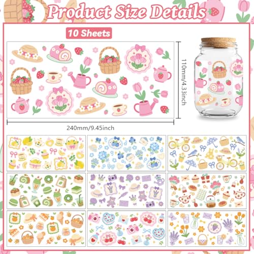 Peacoblue UV DTF Cup Wraps Transfer Stickers Picnic Fruits and Flowers Pattern, 10 Sheets Waterproof Custom Vinyl Transfer Sticker 16oz Coffee Glass Cup Tumbler Bottle Mug Decals for Men Women