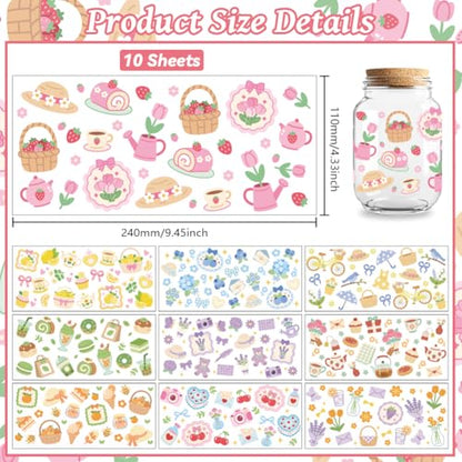 Peacoblue UV DTF Cup Wraps Transfer Stickers Picnic Fruits and Flowers Pattern, 10 Sheets Waterproof Custom Vinyl Transfer Sticker 16oz Coffee Glass Cup Tumbler Bottle Mug Decals for Men Women