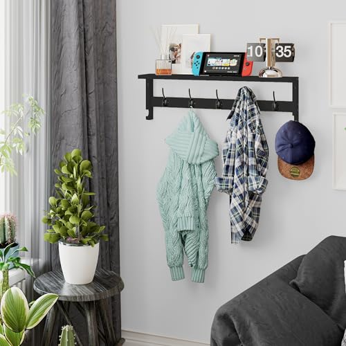 AMBIRD Coat Rack Wall Mount with Shelf, 28.9 Inches Coat Hooks Wall Mounted with 5 Hooks, Hat Wall Hooks for Hanging in Entryway, Living Room, Bathroom, Bedroom (Black, 28.9 * 4.5 inches) - color: Black, size: 5 Hooks 28.9" L