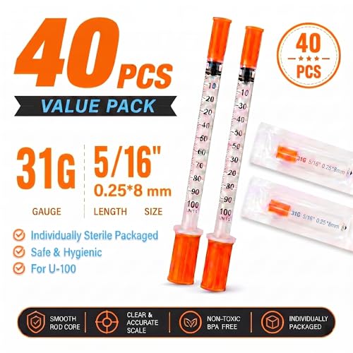 Pack of 40 1ml 31G x 5/16 Inch (0.25mm x 8mm) , U-100 Lab Tools, Individual Wrapped - color: 40PCS-31G5/16