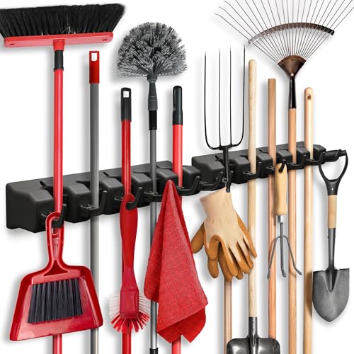 2 Pack Mop and Broom Holder Wall Mount Hanger, Heavy Duty, 5 Slots 4 Hooks - color: Black, size: 2 Pack 5-position, 6-Hooks