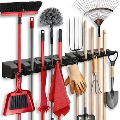 2 Pack Mop and Broom Holder Wall Mount Hanger, Heavy Duty, 5 Slots 4 Hooks - color: Black, size: 2 Pack 5-position, 6-Hooks