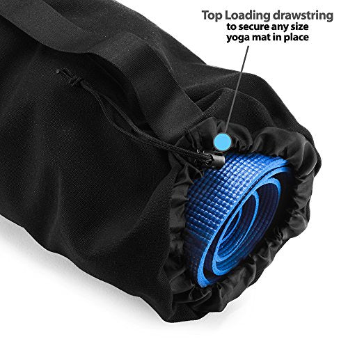 Masaya Namaste Large Yoga Mat Bag - Fits Exercise Mats, Drawstring Carrier for Men Women, Long Breathable Canvas Sling, Deep Front Pocket Zipper, Secret Storage, Adjustable Shoulder Strap