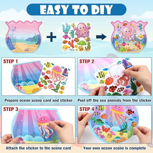 Frienda 48 Set Fishbowl Sticker Craft Kit Make Your Own Under the Sea Ocean Scene Stickers Bulk DIY Ocean Sea Animals Scene Stickers Shark Clown Fish for Summer Party Favors Home Game Activities - style: Fish