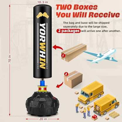 Standing Heavy Boxing Bag for Adult, Freestanding Punching Bag with 12OZ Pro Boxing Gloves and Wrapped Gloves, Boxing Bag with Suction Cup Base, Men Stand Kickboxing Bag for Home Office Gym Training