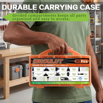 Push to Connect Fitting 90 PCS Air Hose Fitting Assortment Kit OD 1/4" Tube to 1/4" 1/2" 3/8" 1/8" Male Female NPT Thread, Air Line Fittings Quick Connect/Quick Release Fitting - size: 90pcs kit