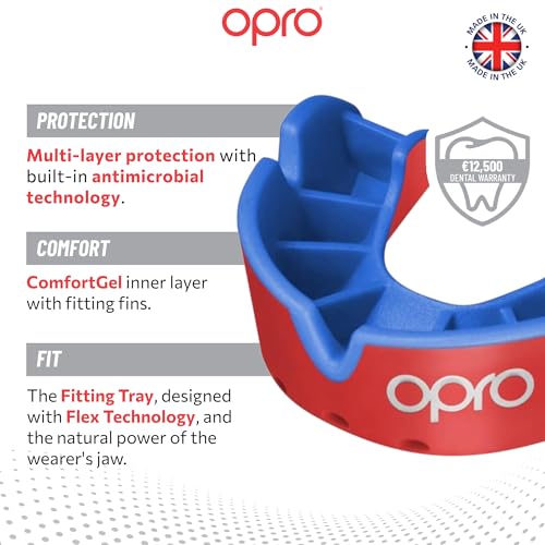 OPRO Silver Level Moldable Mouth Guard, Essential Fit, Red/Dark Blue - color: Red/Dark Blue, size: Youth (Under 10)